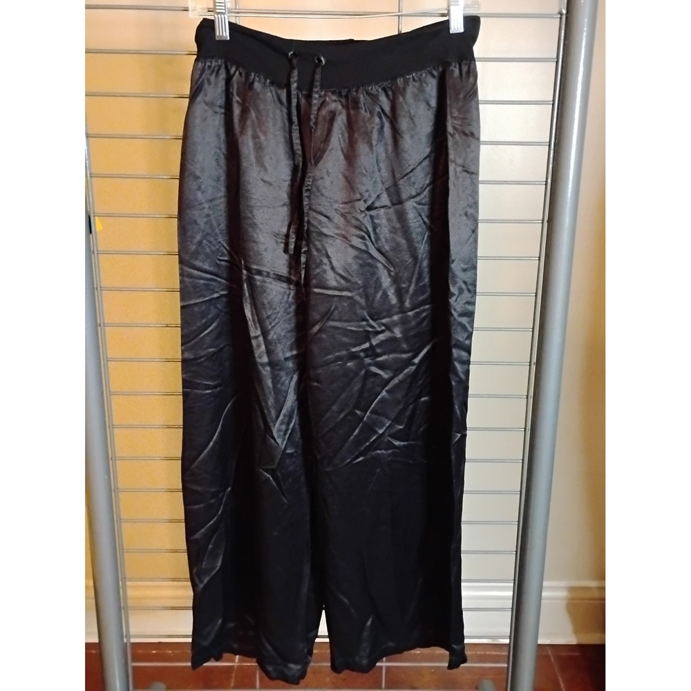 PJ Harlow Satin Faille Wide Leg Pajama Pants Black Ribbed Waistband Small